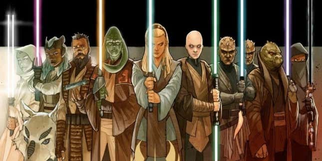 The artwork shows a large group of Jedi holding up their different colored lightsabers. 